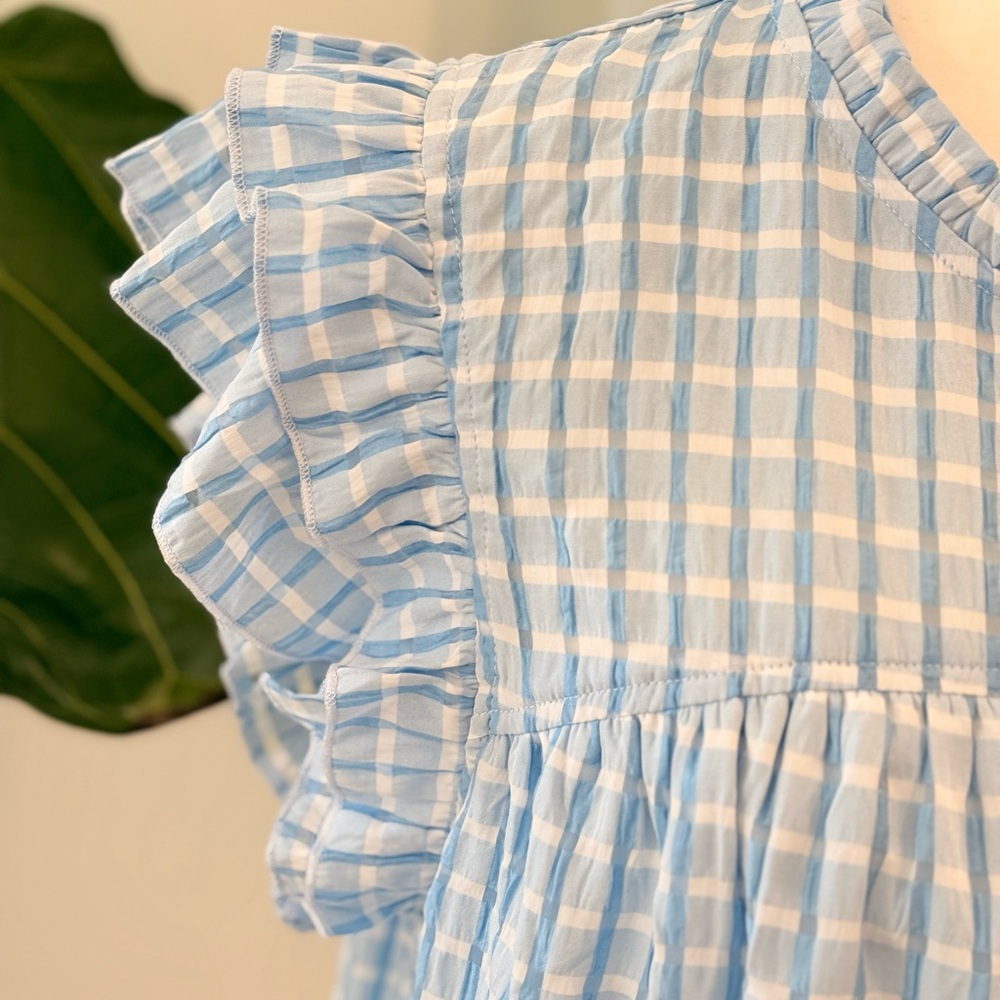 Umgee Blue and White Gingham Ruffle Sleeve Blouse - Picture 2 of 3